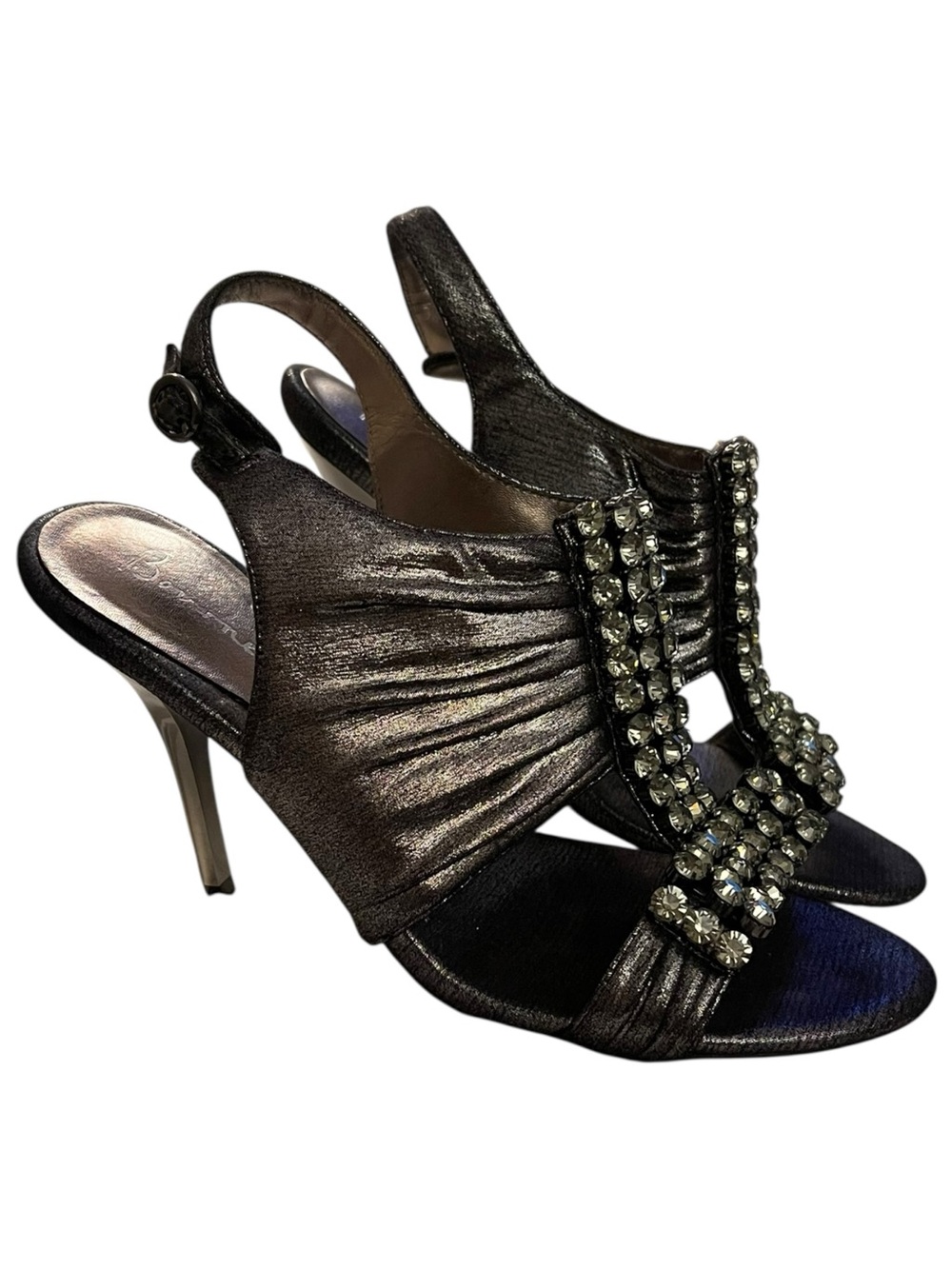BOURNE Slingback T-Strap Crystal Embellished Heels in Metallic Gunmetal Size 39